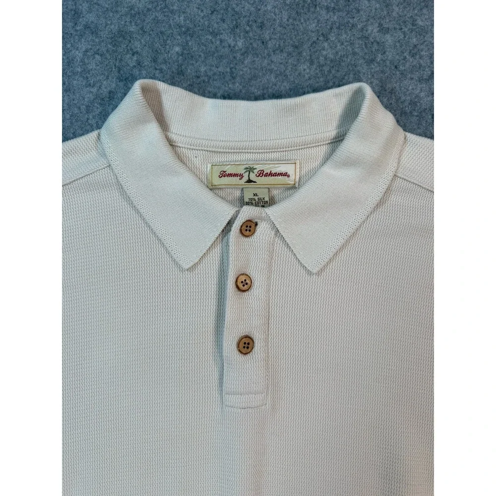 Tommy Bahama Mens XL Silk Cotton Polo Shirt‎ Cream Textured Short Sleeve Luxury